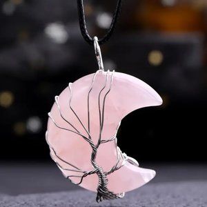 Rose Quartz Crescent Moon Natural Gemstone Tree Of Life Wire Wrap Pendant